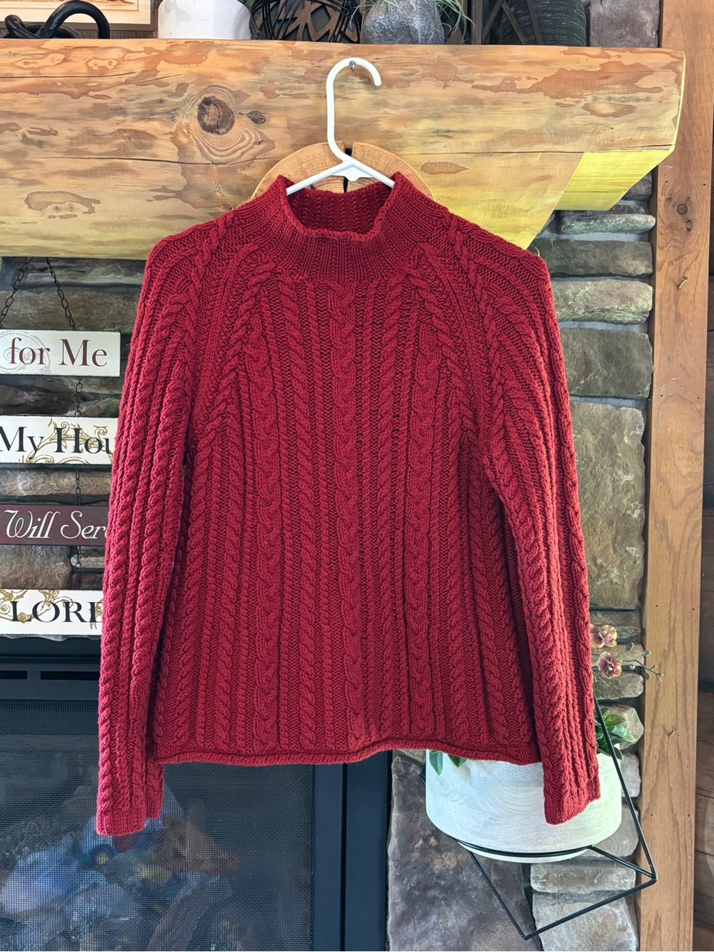 Lands' End Cable Knit Mock Neck Sweater - Red Cotton